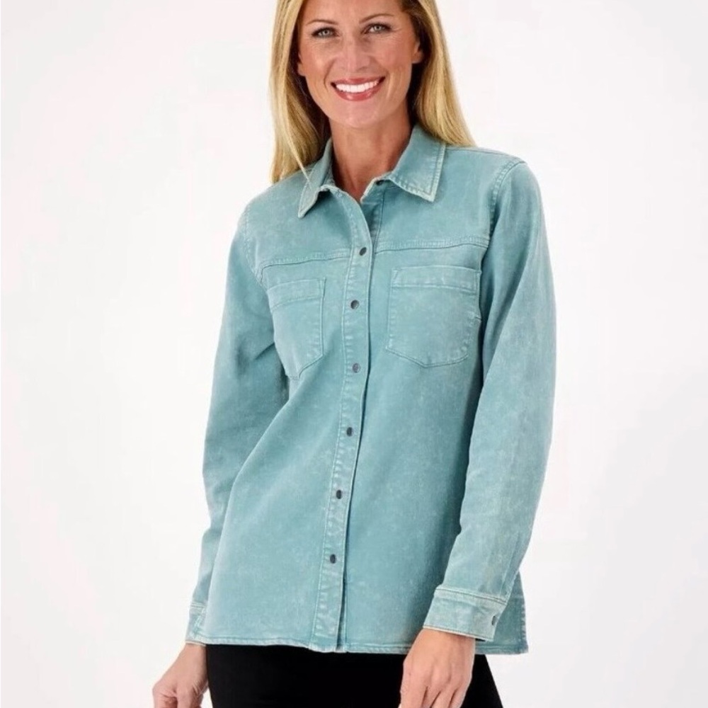 Denim & Co. Comfy Knit Acid Wash Jacket in turquoise, Large NWOT